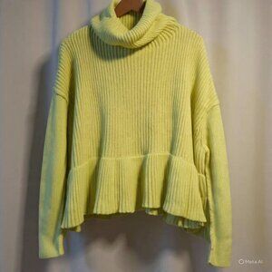 Free People "Layer Cake" Turtleneck Sweater Key Lime Oversized Flare Hem Size M